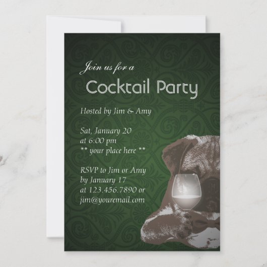 Invitation Vert damassé de fête cocktail Pug & vin fin (Devant)