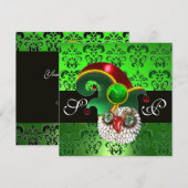 INVITATION VERT DAMASSÉ , HIBOU AU JOYAU AVEC CHAPEAU D'ELFES (Devant / Derrière)