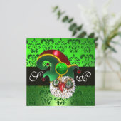 INVITATION VERT DAMASSÉ , HIBOU AU JOYAU AVEC CHAPEAU D'ELFES (Debout devant)