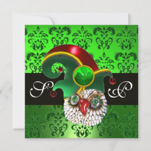 INVITATION VERT DAMASSÉ ,HIBOU JOAILLIER AVEC CHAPEAU D'ELF M