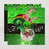 INVITATION VERT DAMASSÉ, HIBOU JOYAU, CHAPEAU DE LUTIN, PLUME (Devant / Derrière)