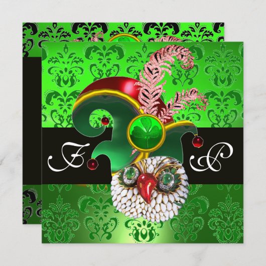 INVITATION VERT DAMASSÉ, HIBOU JOYAU, CHAPEAU DE LUTIN, PLUME (Devant / Derrière)