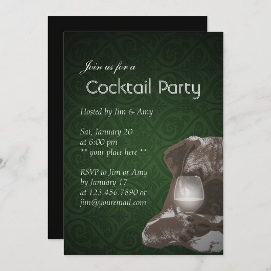 Invitation Vert damassé pour une soirée cocktail Pug & vin fi (Devant / Derrière)