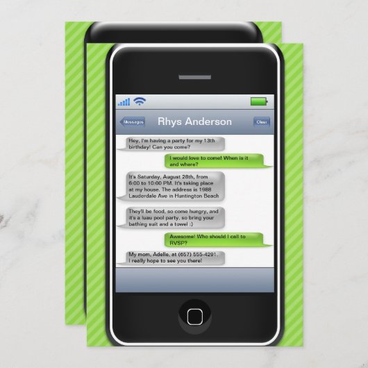 Invitation Vert de chaux/fête d'anniversaire iParty téléphone (Devant / Derrière)