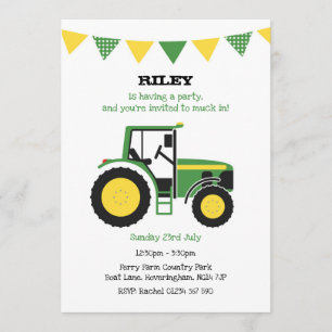 Invitation vert de fête d'anniversaire de tracteur