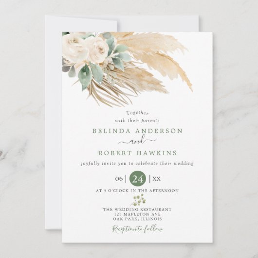 Invitation Vert Désert Boho Rose Pampas Mariage en herbe (Devant)