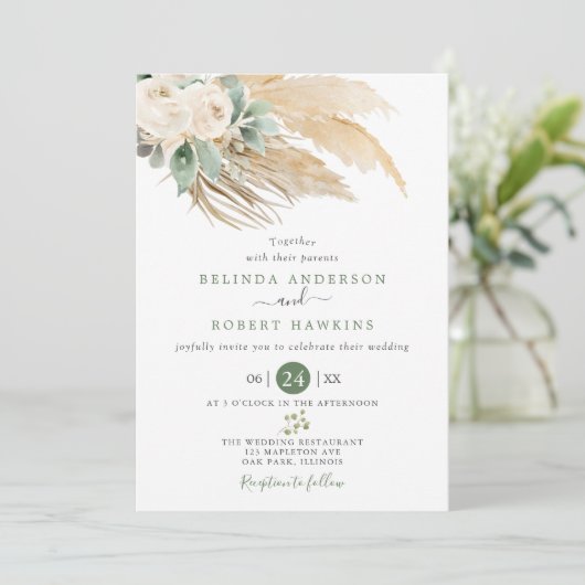 Invitation Vert Désert Boho Rose Pampas Mariage en herbe (Debout devant)