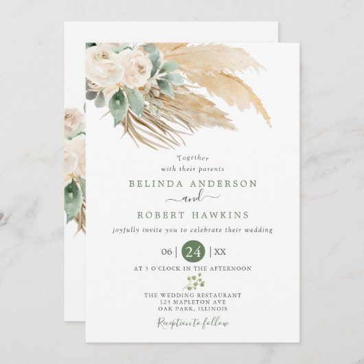Invitation Vert Désert Boho Rose Pampas Mariage en herbe (Devant / Derrière)