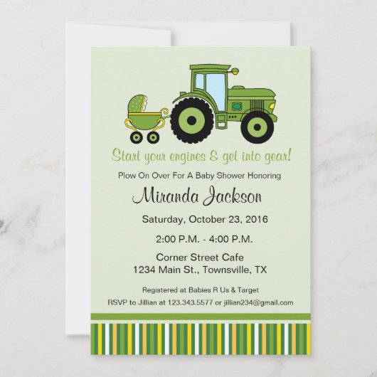 Invitation Vert d'invitation de baby shower de tracteur (Devant)