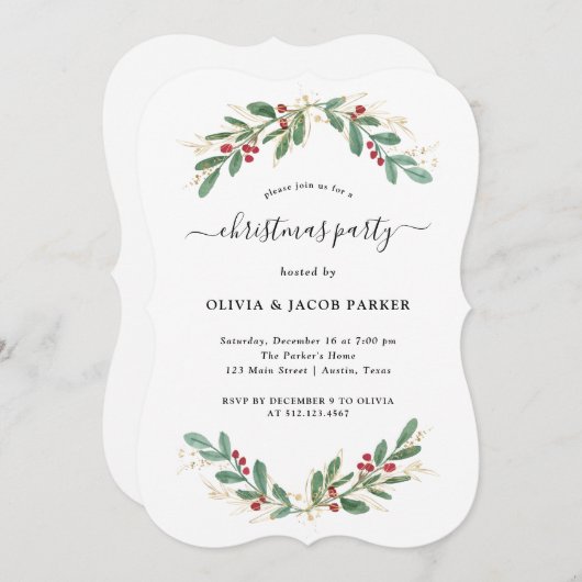 Invitation Vert doré blanc | Fête de Noël ou Fêtes (Devant / Derrière)