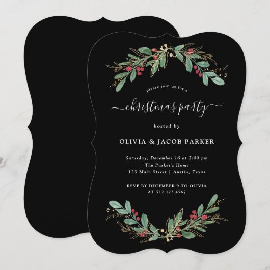 Invitation Vert doré Noir | Fête de Noël ou Fêtes (Devant / Derrière)