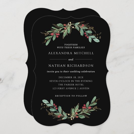 Invitation Vert doré Noir | Mariage de Noël (Devant / Derrière)