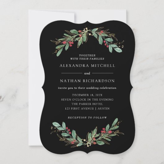Invitation Vert doré Noir | Mariage de Noël (Devant)