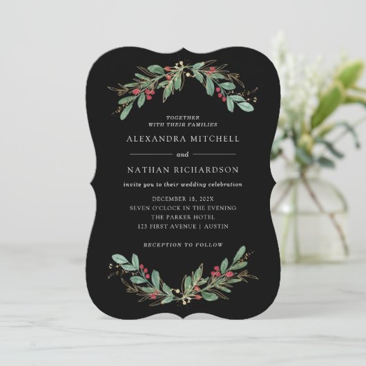 Invitation Vert doré Noir | Mariage de Noël (Debout devant)
