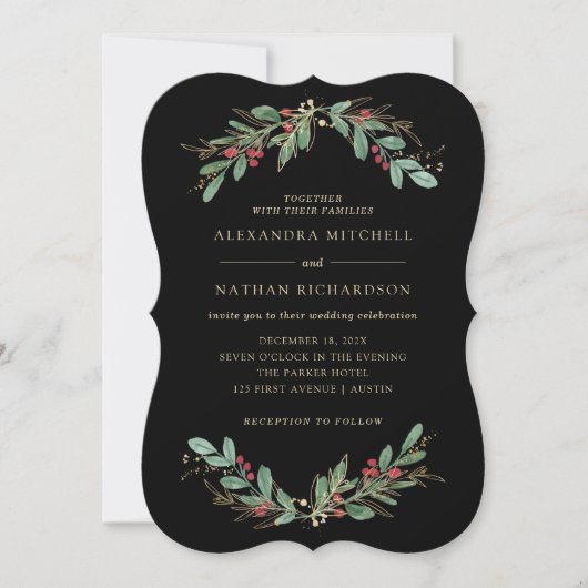 Invitation Vert doré Noir | Mariage de Noël (Devant)