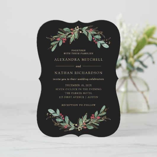 Invitation Vert doré Noir | Mariage de Noël (Debout devant)