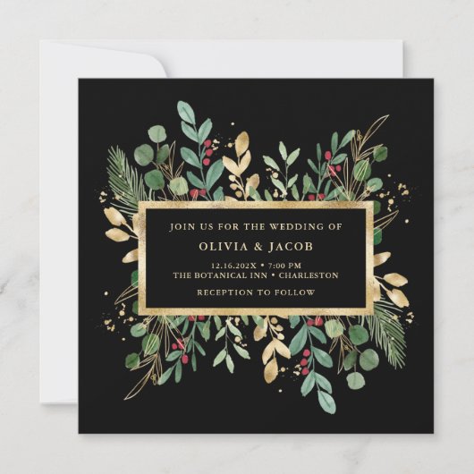 Invitation Vert doré sur noir | Mariage de Noël (Devant)