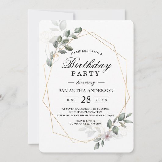 Invitation Vert doux aquarelle cadre feuille & fleur (Devant)