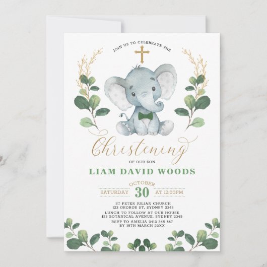 Invitation Vert doux Eléphant Vert Or Christening (Devant)
