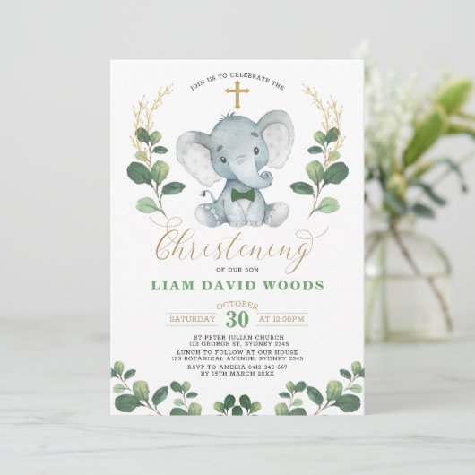 Invitation Vert doux Eléphant Vert Or Christening (Debout devant)