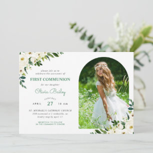 Invitation Vert doux Floral Photo Première communion