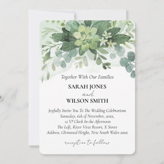 Invitation Vert doux Mariage Succulent Floral Botanique (Devant)