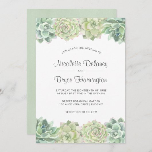 Invitation Vert du désert Aquarelle Succulents Mariage (Devant / Derrière)