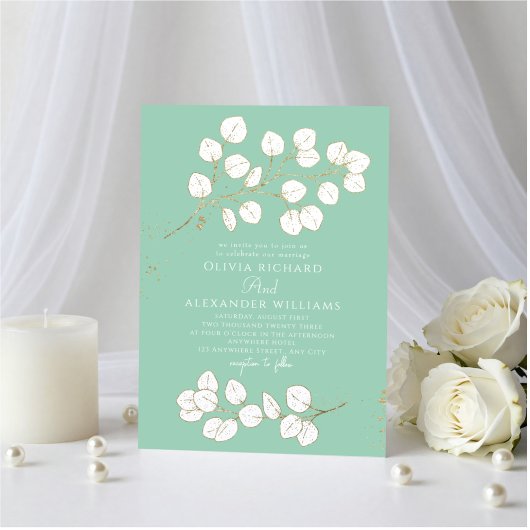 Invitation Vert écume de mer or et blanc Eucalyptus