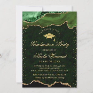 Invitation Vert élégant et or Marbre Agate Remise des diplôme