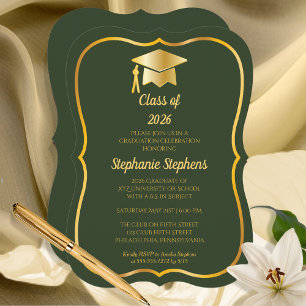 Invitation Vert élégant Gold Casquette Graduation Party