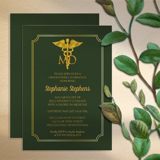 Invitation Vert élégant | Gold MD Physician Graduation Party