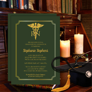 Invitation Vert élégant   Gold Nurse RN Graduation Party
