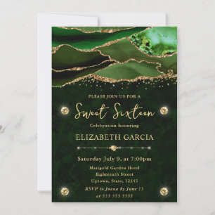 Invitation Vert élégant or paillettes agate Sweet Sixteen