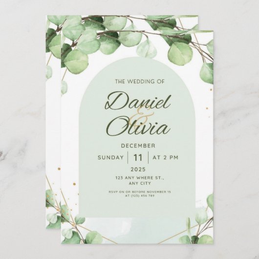 Invitation Vert élégant rustique mariage moderne (Devant / Derrière)