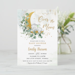 Invitation Vert Eléphant Lune Sexe Baby shower neutre