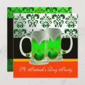 Invitation VERT EMERALD BLANC DAMAS , TRÈFLE , Noir Orange (Devant / Derrière)