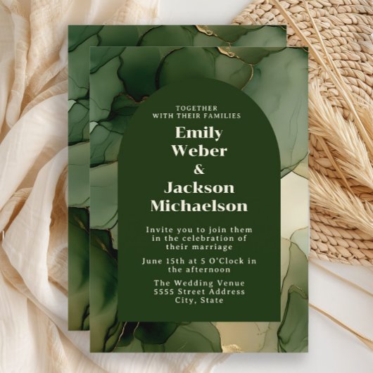 Invitation Vert Emerald Olive Gold Floral Arch Mariage