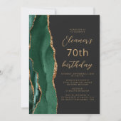 Invitation Vert émeraude Agate dorée Foncé Script 70e Anniver (Devant)