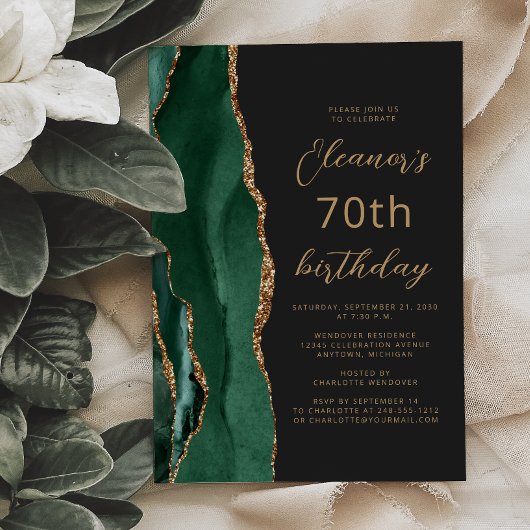 Invitation Vert émeraude Agate dorée Foncé Script 70e Anniver