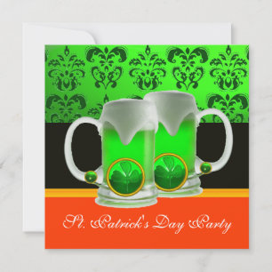 Invitation VERT ÉMERAUDE BLANC DAMAS , TRÈFLE , Noir Orange