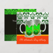 Invitation VERT ÉMERAUDE BLANC DAMAS , TRÈFLE , Noir Orange (Devant / Derrière)