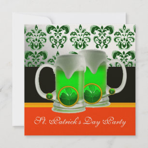 Invitation VERT ÉMERAUDE BLANC DAMAS , TRÈFLE , Noir Orange