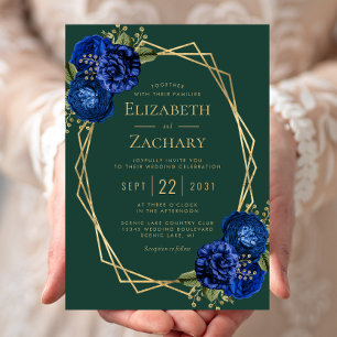 Invitation Vert émeraude Bleu de roi Floral Or Mariage