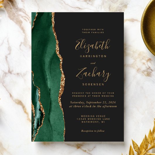 Invitation Vert émeraude chic or agate mariage foncé