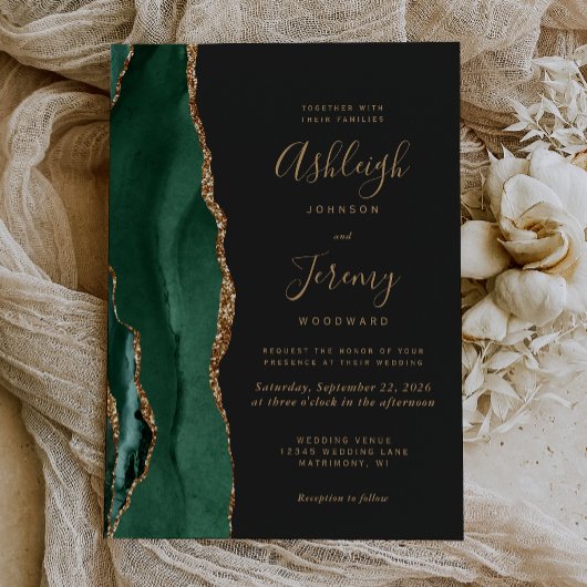 Invitation Vert émeraude chic or agate mariage sombre
