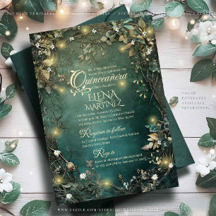Invitation Vert émeraude de Quinceanera forestière enchantée