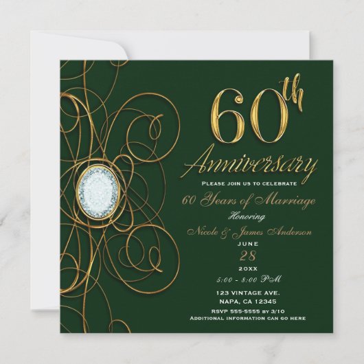 Invitation Vert émeraude et or Diamant 60 60e anniversaire (Devant)