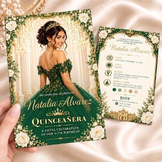 Invitation Vert émeraude et or Quinceañera 15e anniversaire