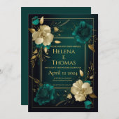 Invitation Vert émeraude floral et or (Devant / Derrière)