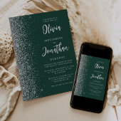 Invitation Vert émeraude Mariage Calligraphie Argent Paillett